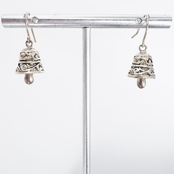 VTG Sterling Silver 925 Scroll Design Bell Dangle Earrings Size 0.75" Length - Picture 1 of 9